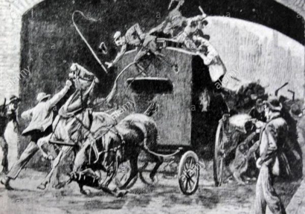 Engraving depicting the rescue of Thomas J. Kelly and Timothy Deasy from a prison van during the Fenian Outrages-1000-800