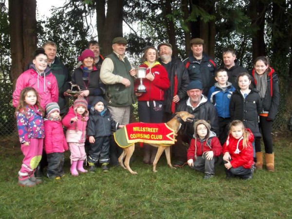 2013-01-05 Mary, Chloé and Teddy Collins' dog Come On Bella kept the Oaks Trial Stake at home in Millstreet this year, pictured above with family and friends (photo Seán Radley)