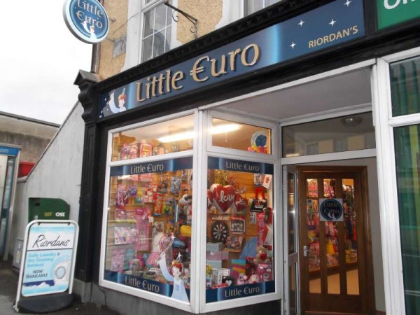 The bright new "Little Euro" shop opened for business on Friday, 1st February 2013.  It is located next to the Post Office and had of course been the long established O'Riordan's Drapery shop which for decades had been a very well known business in the centre of the town.  (S.R.)