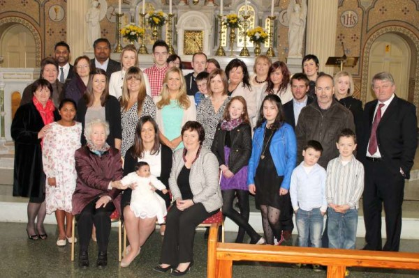 With the kind permission of the Family we share the group photograph of the wonderful ceremony of Baptism today at St. Patrick's Church, Millstreet of Naoise, beautiful daughter of Raj and Gillian (nee O'Sullivan of Dooneen).   Gillian, Raj and Naoise reside in Chester, England.   Every blessing and happiness to the New Little Arrival.  (S.R.)