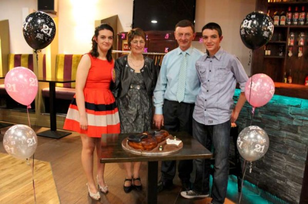 Miriam O'Sullivan celebrated her 21st Birthday in the company of her Family (pictured here) and her many Friends at the Wallis Arms Hotel on Saturday, 25th May 2013.  The magnificent birthday cake was in the shape of a violin.   Happy Birthday, Miriam from everyone.  (S.R.)