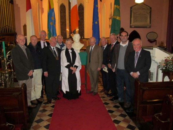 Pictured at St. James' Church, Mallow for the annual Thomas Davis Commemoration on Friday evening, 11th Oct. 2013.   The Commemoration Lecture was delivered by Prof. Vincent Comerford of NUI Maynooth (on right of Thomas Davis bust).   The service was conducted by Canon Eithne Lynch.   Thomas Davis Pipe Band was also in attendance.  Click on the image to enlarge.   (S.R.)