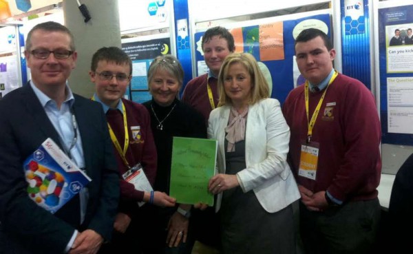 2014-01-10 Aine Collins TD and Mark O'Reilly, BT Ireland, with Michael O'Keeffe, Stefan Healy and Keith Dineen from Millstreet Community School, at the BT Young Scientist-1000