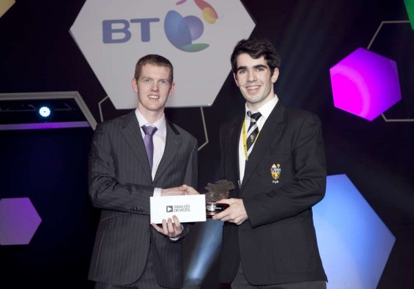 2014-01-10 Michael Twohig (left) presented the Analog Devices Technology Award at the BT Young Scientist and Technology Exhibition