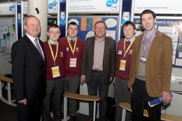 Michael Murray from BT, Michael Creed TD and teacher Shane Guerin with students from Millstreet Community School at the BT Young Scientist and Technology Exhibition 2014 which is taking place all this week at the RDS Dublin.