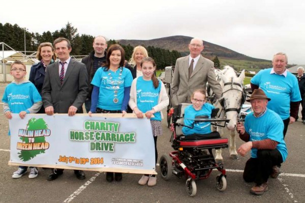 On Sunday at Green Glens, Millstreet the official launch of the upcoming Charity Horse Carriage Drive from Mizen to Malin took place.   Joanne O'Riordan is the chosen Ambassador who expressed "complete confidence in Dan Joe" as she received her first drive in the very impressive horse carriage.   Click on the images to enlarge.  (S.R.)