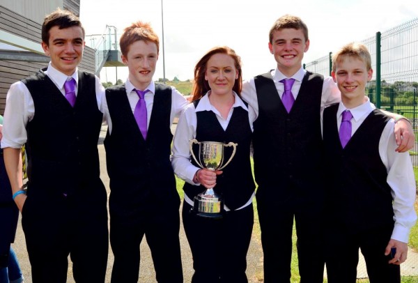 Tadhg O Sullivan, Killian Linehan, Sarah Dennehy, Darren Kiely & Daniel O Callaghan  memembers of Freemount Comhaltas with the U18 Groupa Ceoil  Cup.-1000