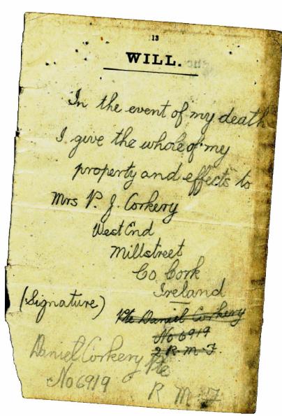 1918 The last will of Daniel Corkery PTE 6919, 2nd Royal Munster Fusiliers