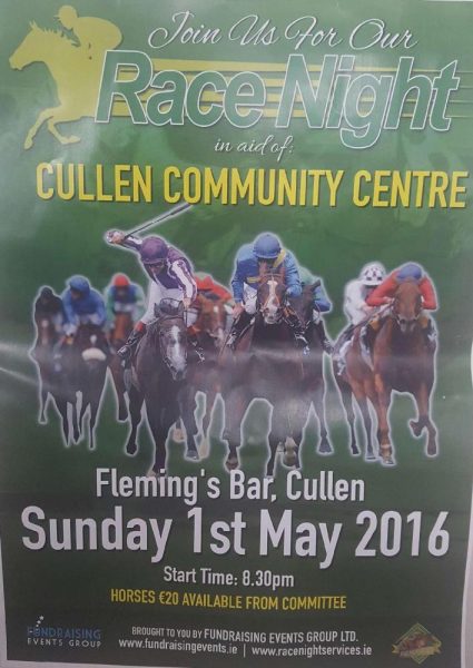 2016-05-01 Race night in Cullen, in aid of Cullen Community Centre - poster